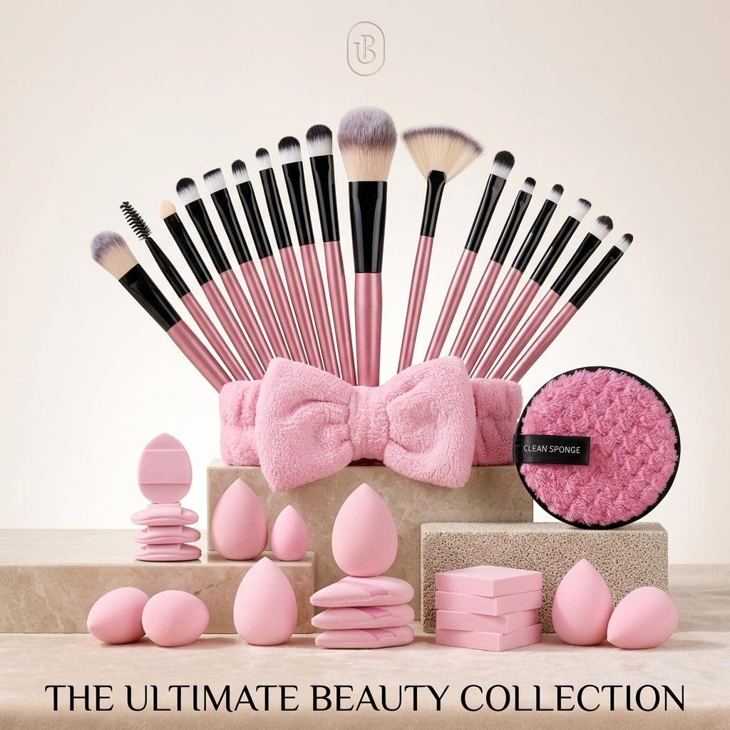 20-piece makeup brush set with pink and black handles, makeup sponges and a spa headband