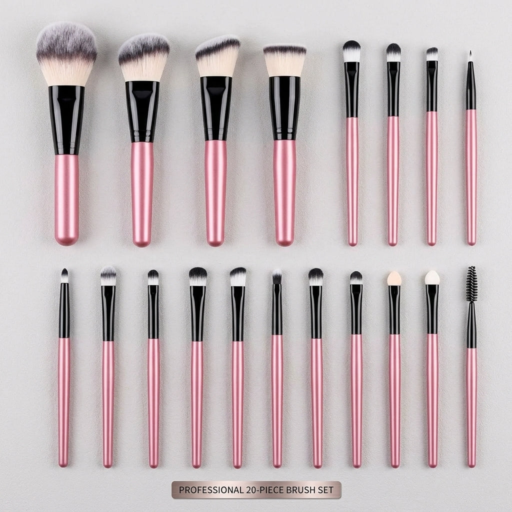 All 20 makeup brushes lined up by size, from face brushes to fine eye brushes