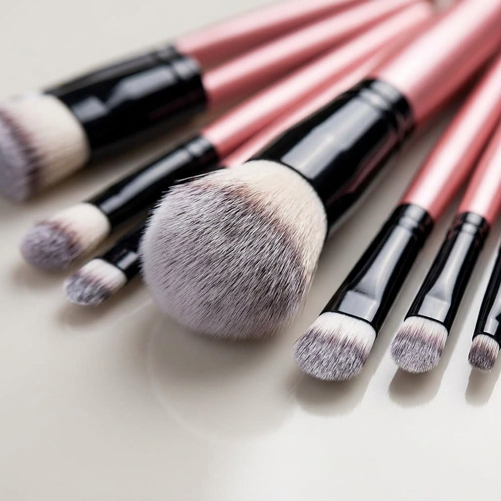 Close-up of soft, dense bristles on the face and eye brushes
