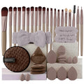 Brown makeup brush set with matching sponges and headband