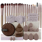 Brown makeup brush set with matching sponges and headband