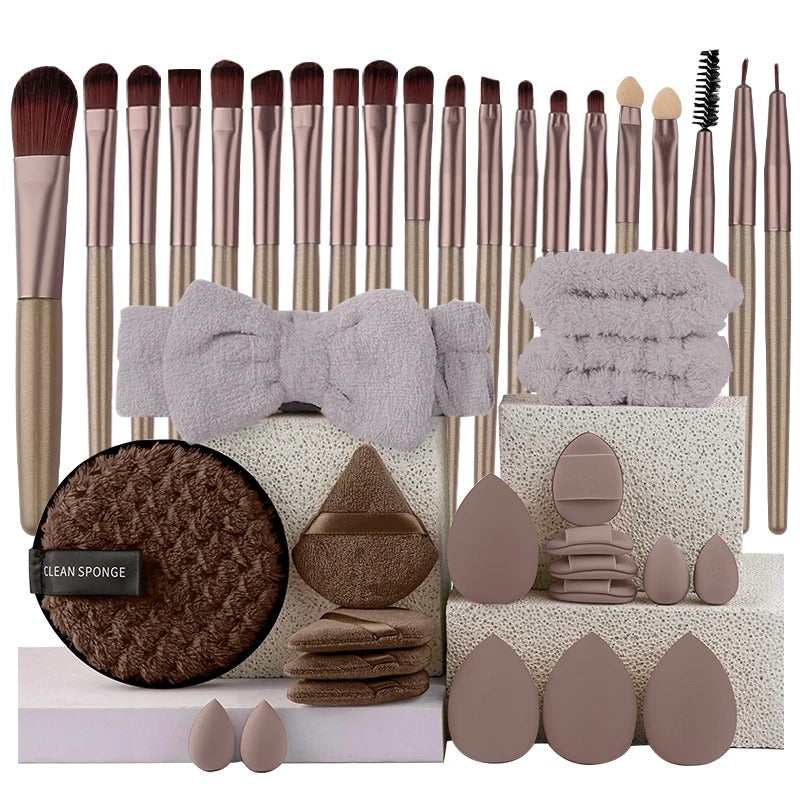 Brown makeup brush set with matching sponges and headband