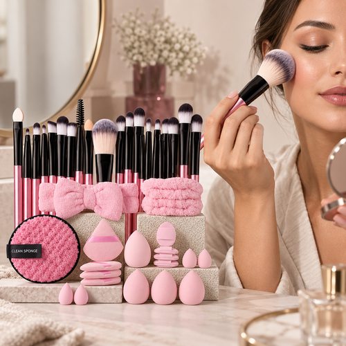 Woman applying blush with a fluffy brush from the 20-piece set