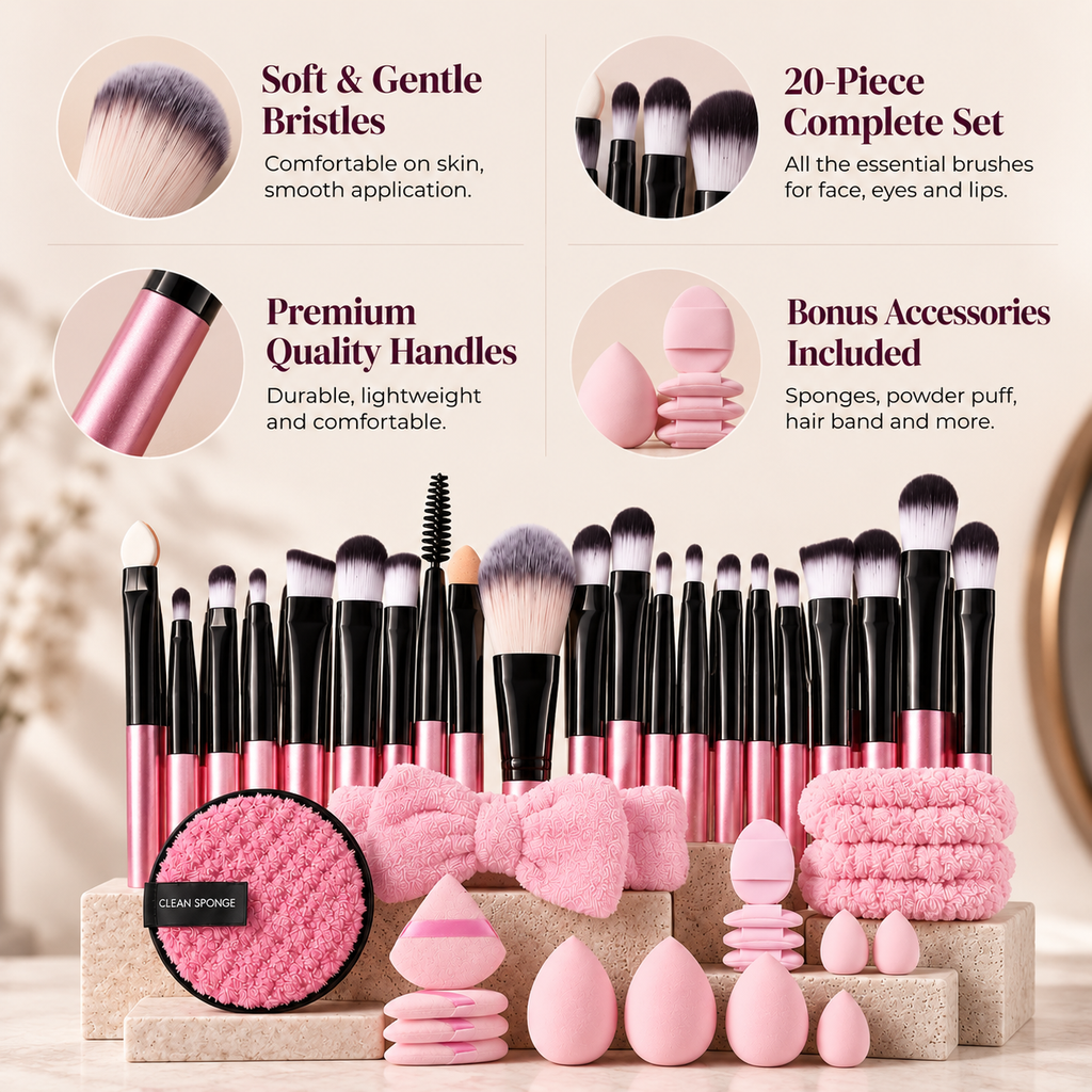 Brush set features: soft bristles, 20-piece set and quality handles