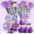 Purple 33-piece makeup brush set with matching sponges and headband