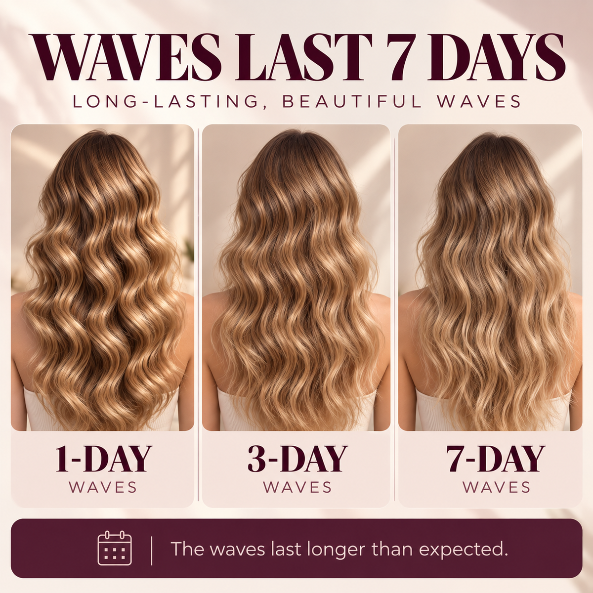 Side-by-side photos of curled hair on day one, day three and day seven