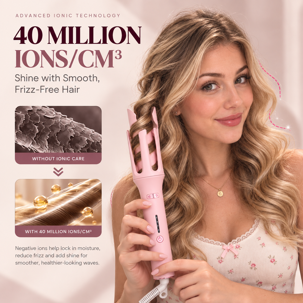Woman with long glossy curls holding the pink automatic curler