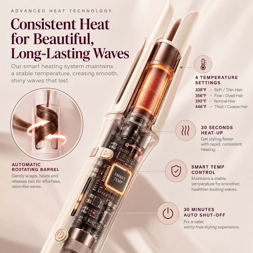 Cutaway of the automatic curler showing the rotating ceramic barrel and heat controls