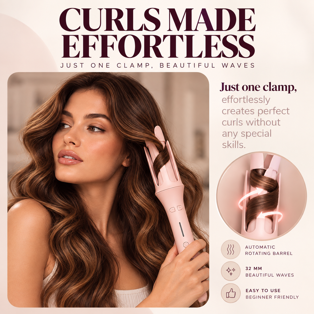 Woman with soft brown curls next to a close-up of the curler chamber