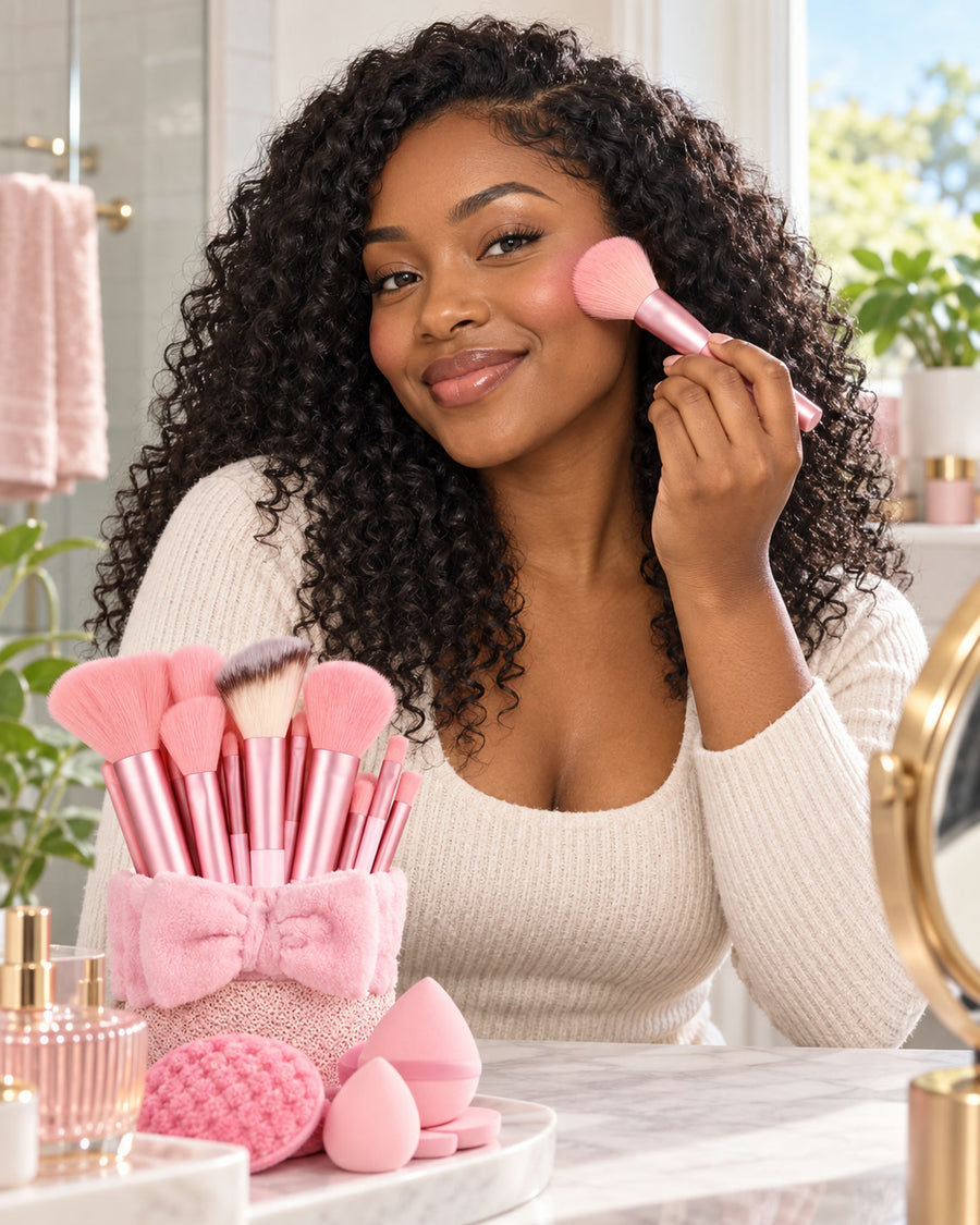 33-Piece Makeup Brush Set with Sponges, Puffs and Cleaning Pad