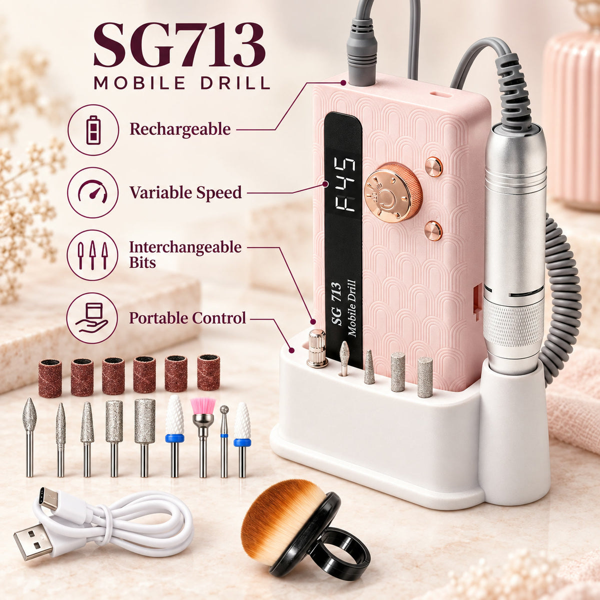 Alsunu nail drill, angled detail