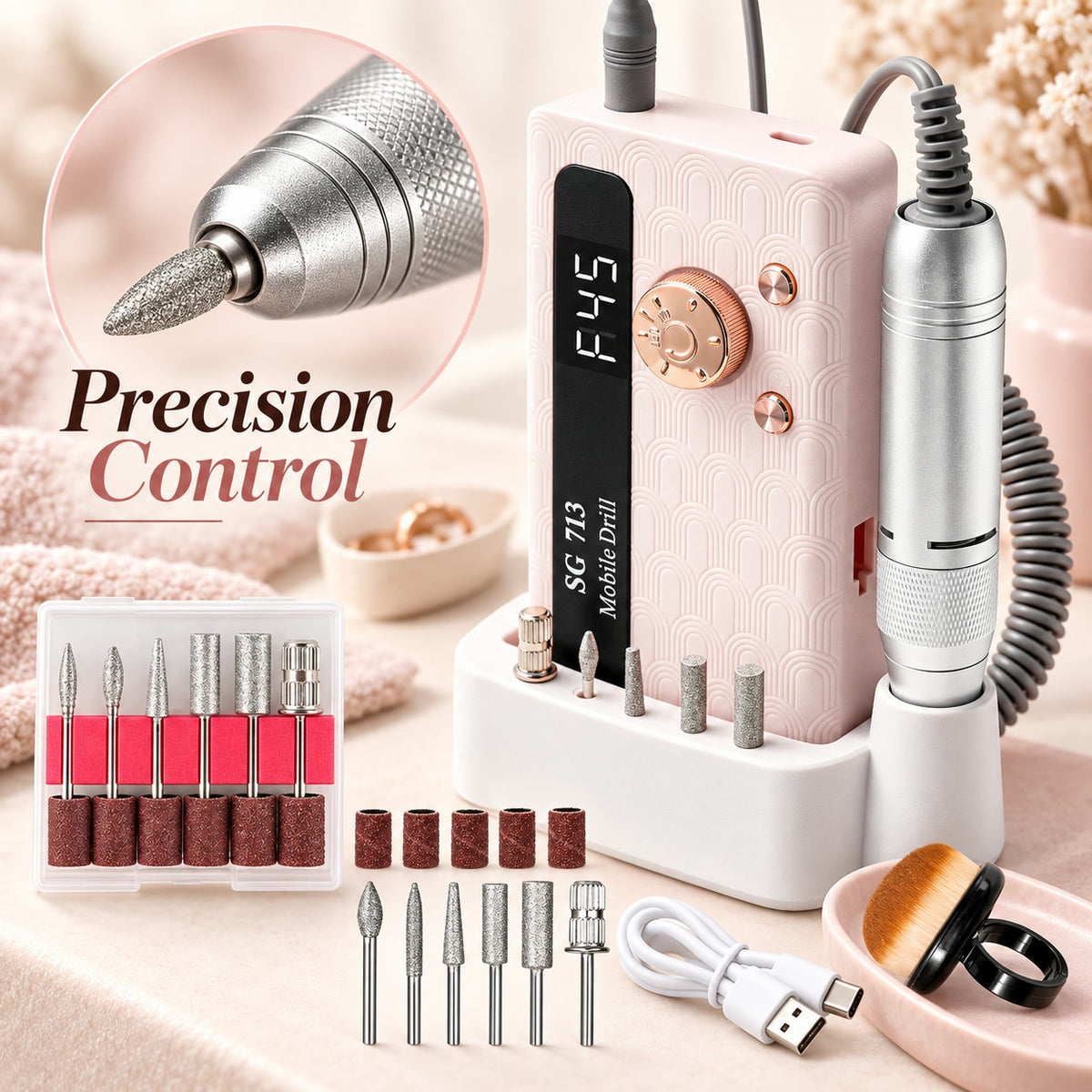 Alsunu nail drill, interchangeable bits close up