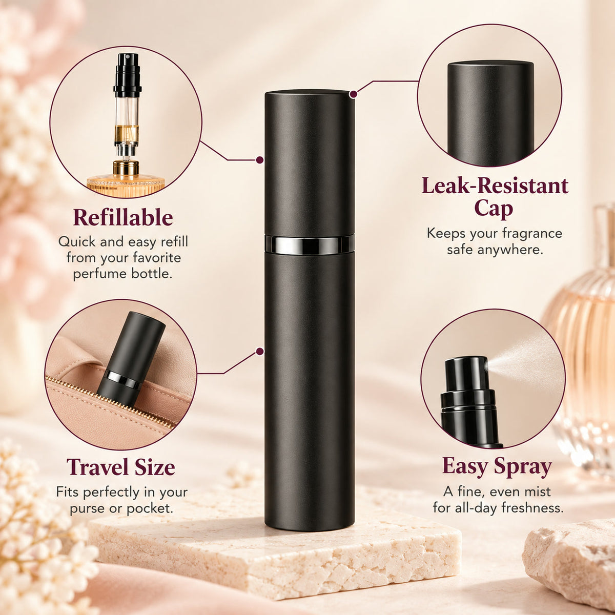 Alsunu perfume atomizer, angled detail