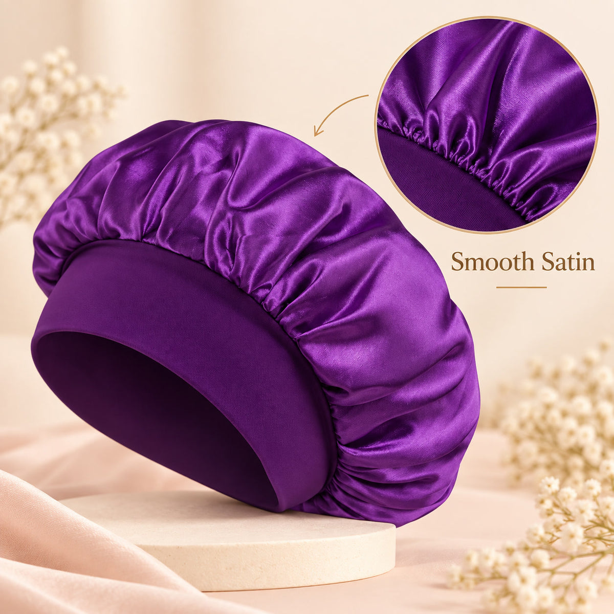 Alsunu satin sleep bonnet, satin lining close up