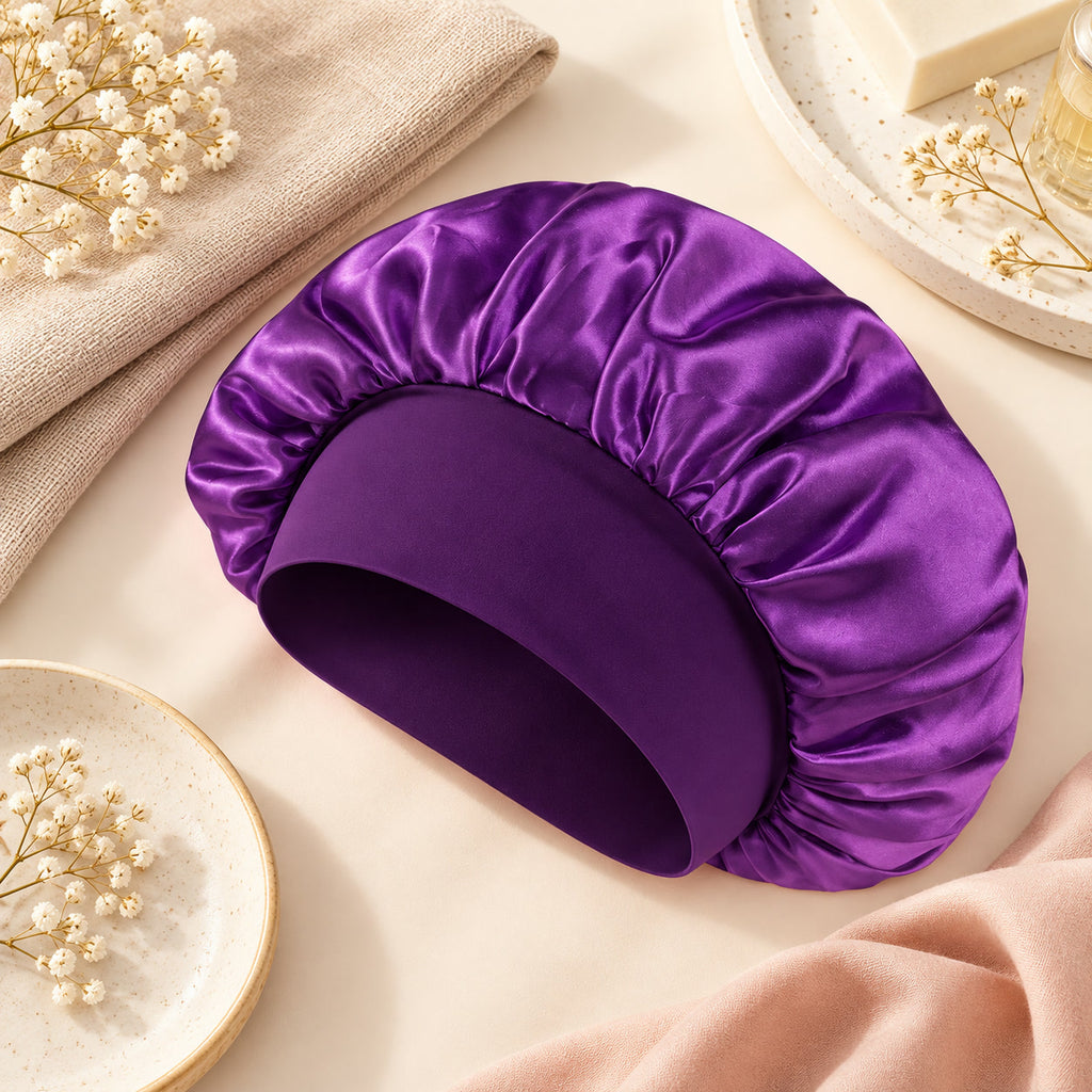 Alsunu satin sleep bonnet worn overnight