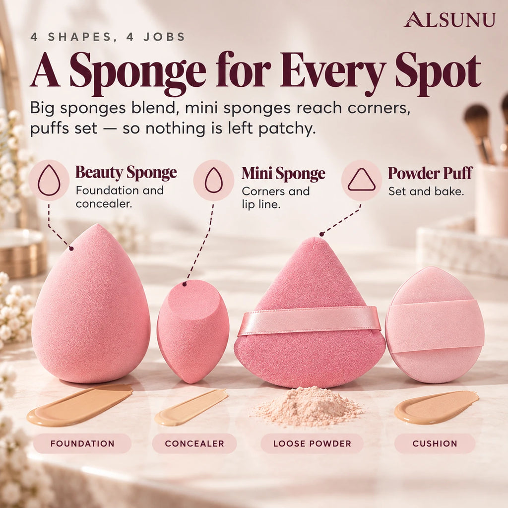 Four sponge shapes and their uses: beauty sponge for foundation, mini sponge for corners, puffs for powder and cushion