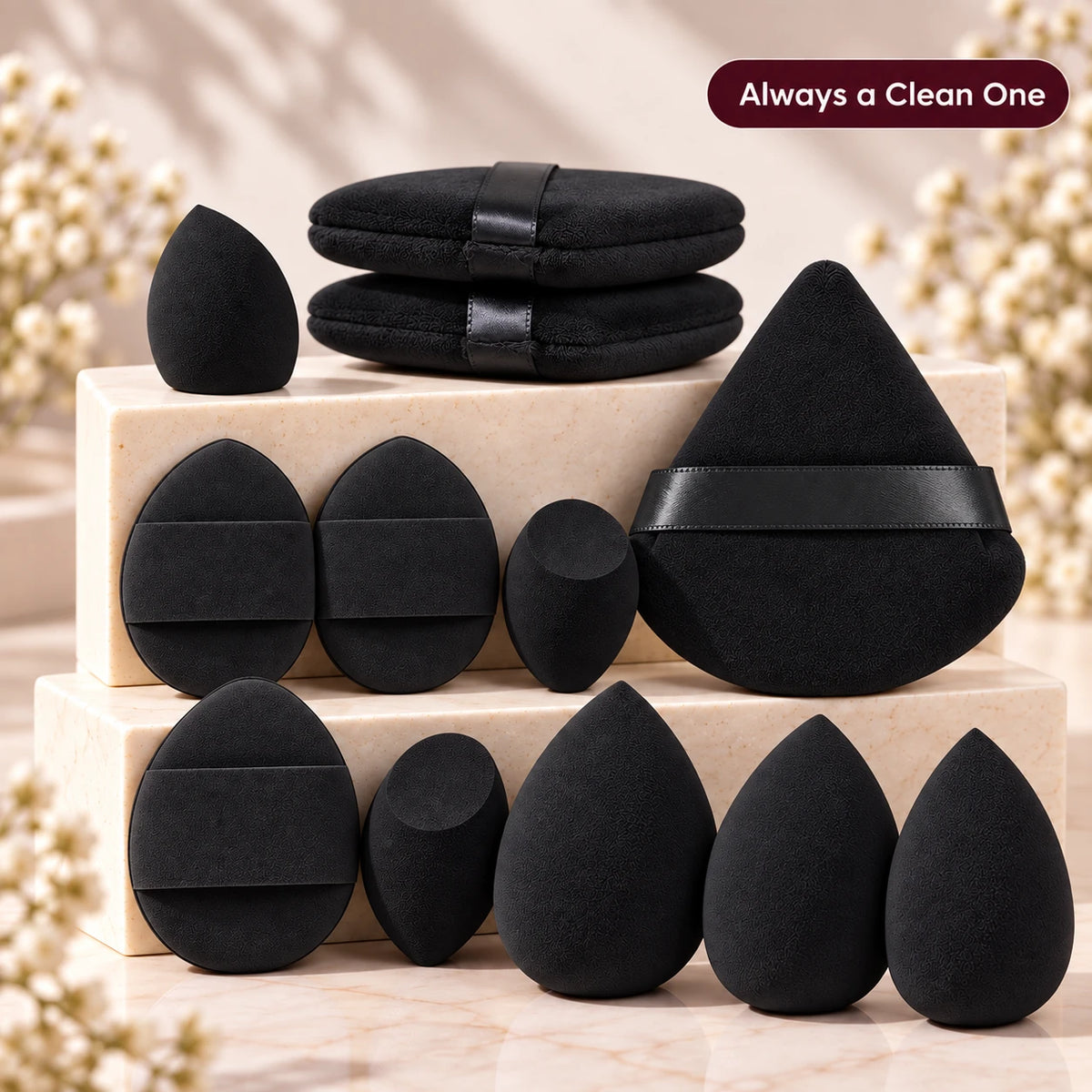 Alsunu 12-piece makeup sponge set in black with sponges and powder puffs