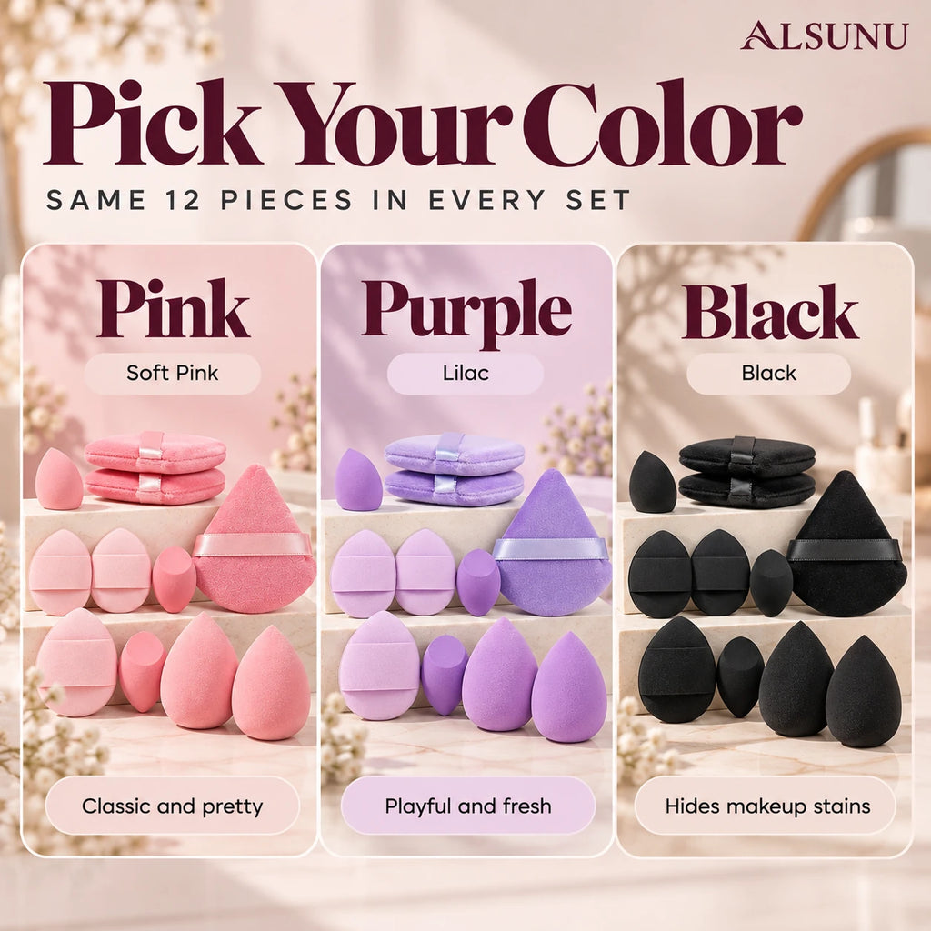 Alsunu makeup sponge set color options: soft pink, lilac purple and black, with the same 12 pieces in every set
