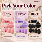 Alsunu makeup sponge set color options: soft pink, lilac purple and black, with the same 12 pieces in every set