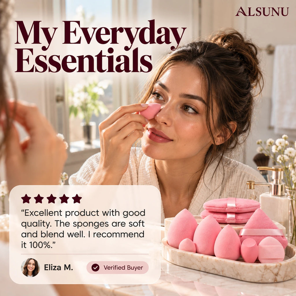 Woman pressing a mini pointed sponge around her nose at a bathroom mirror, with a 5-star customer review
