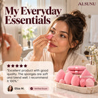 Woman pressing a mini pointed sponge around her nose at a bathroom mirror, with a 5-star customer review