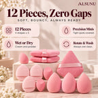 Makeup sponge set features: 12 pieces in 4 shapes, precision minis, wet or dry use, rotate and wash