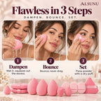 How to use a makeup sponge in 3 steps: dampen and squeeze, bounce foundation on, set with a dry powder puff