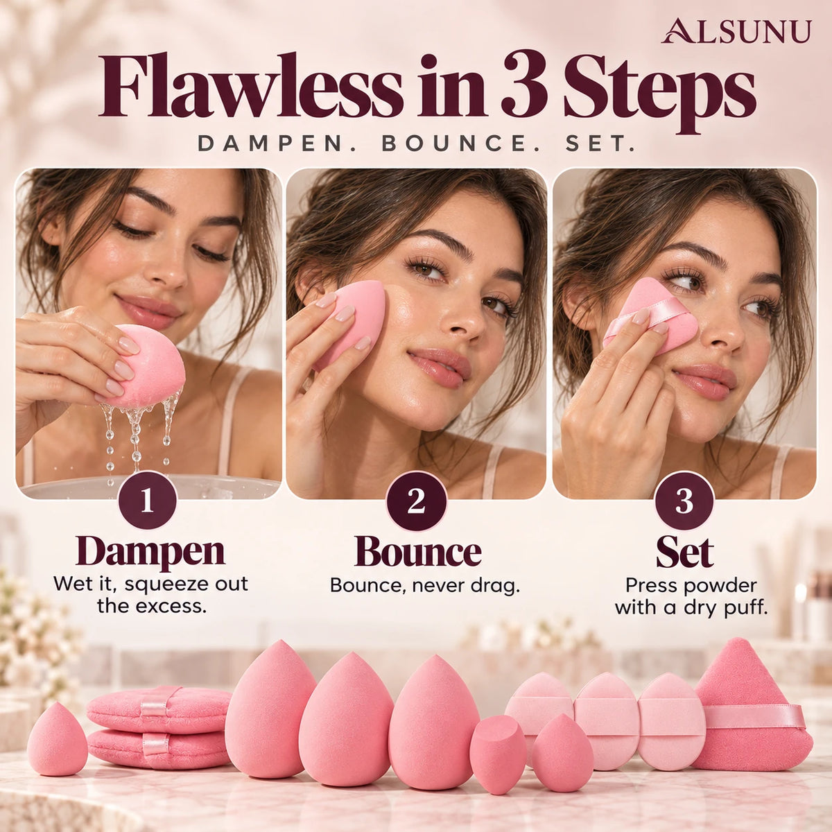 How to use a makeup sponge in 3 steps: dampen and squeeze, bounce foundation on, set with a dry powder puff