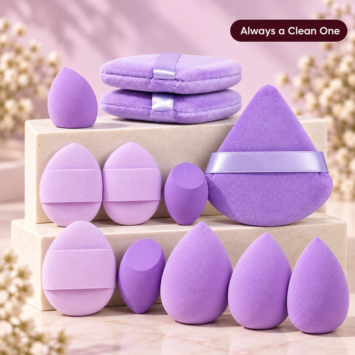 Alsunu 12-piece makeup sponge set in lilac purple with sponges and powder puffs