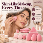 Woman blending foundation on her cheek with a pink beauty sponge for a smooth, skin-like makeup finish