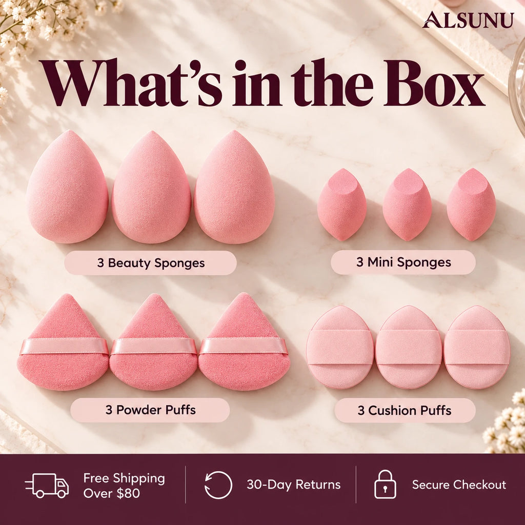 What's in the box: 3 beauty sponges, 3 mini sponges, 3 powder puffs and 3 cushion puffs, free shipping over $80