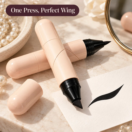 Alsunu 2-in-1 eyeliner wing stamp pen in black with a stamped winged liner shape on a card