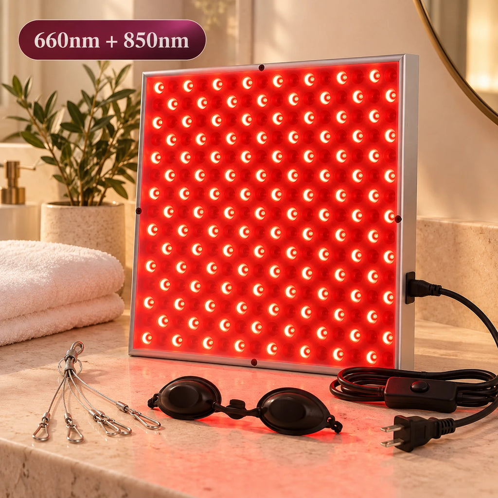 Alsunu 225 LED red light therapy panel with 660nm red and 850nm near-infrared LEDs, goggles, hang kit and cord