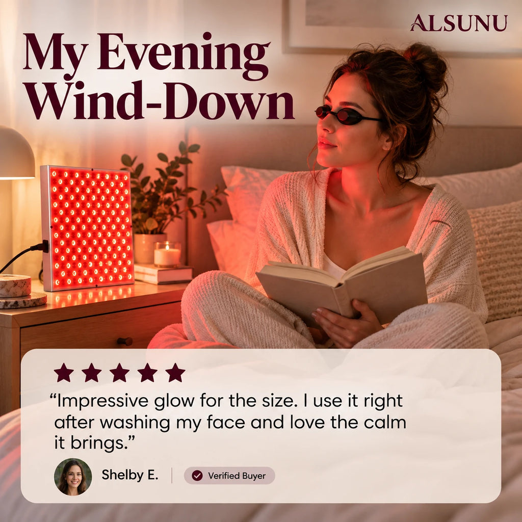 Woman reading in bed with goggles beside the glowing red light panel on her nightstand, with a 5-star review