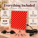 Everything included with the red light panel: 225 LEDs, eye goggles, stand or hang kit and 59-inch inline switch cord