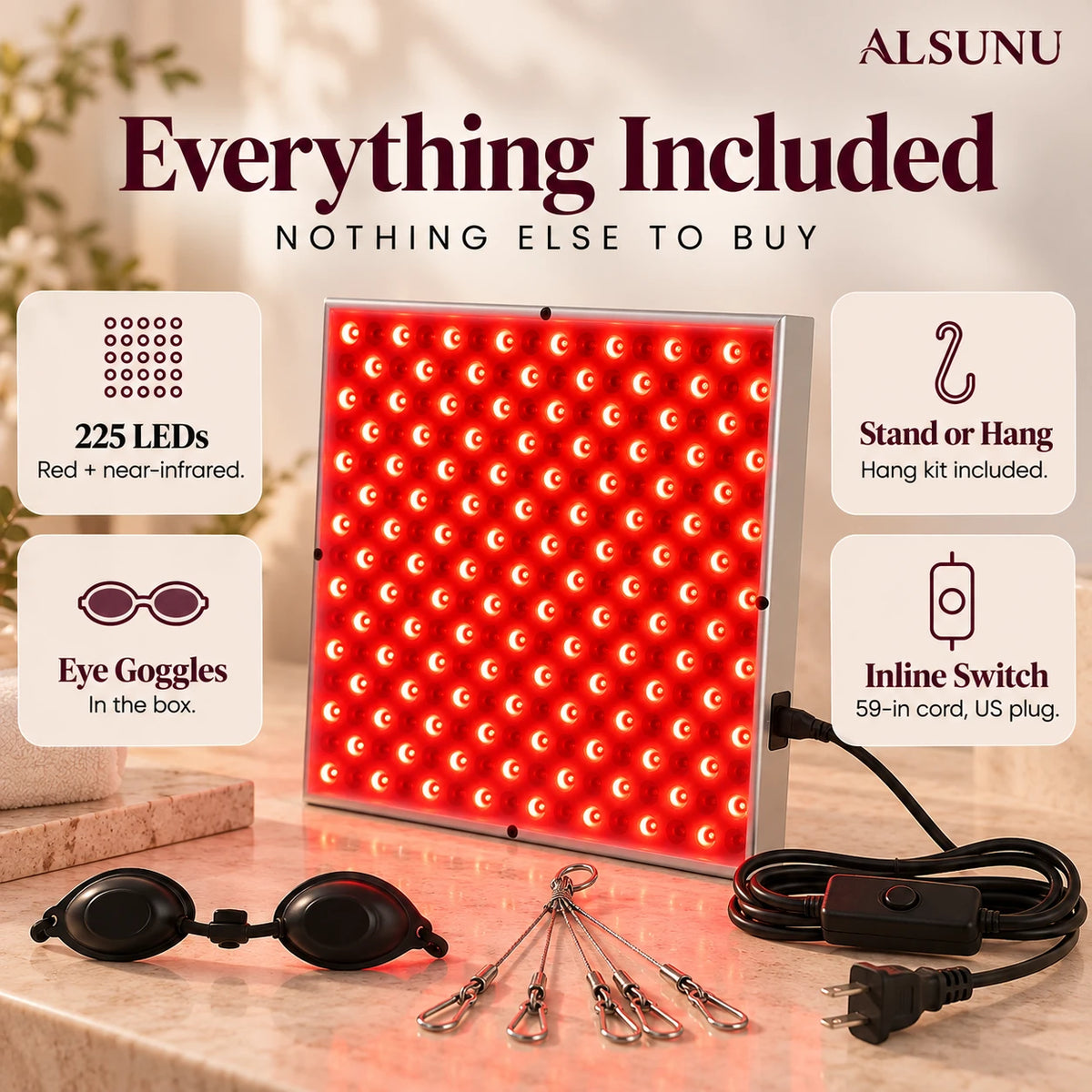 Everything included with the red light panel: 225 LEDs, eye goggles, stand or hang kit and 59-inch inline switch cord