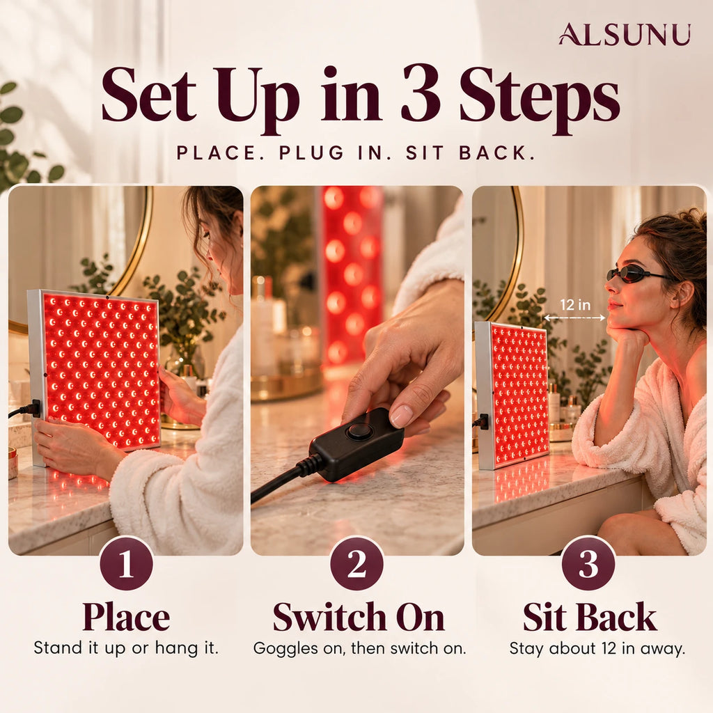 How to set up the red light panel in 3 steps: stand or hang it, switch on with goggles, sit about 12 inches away
