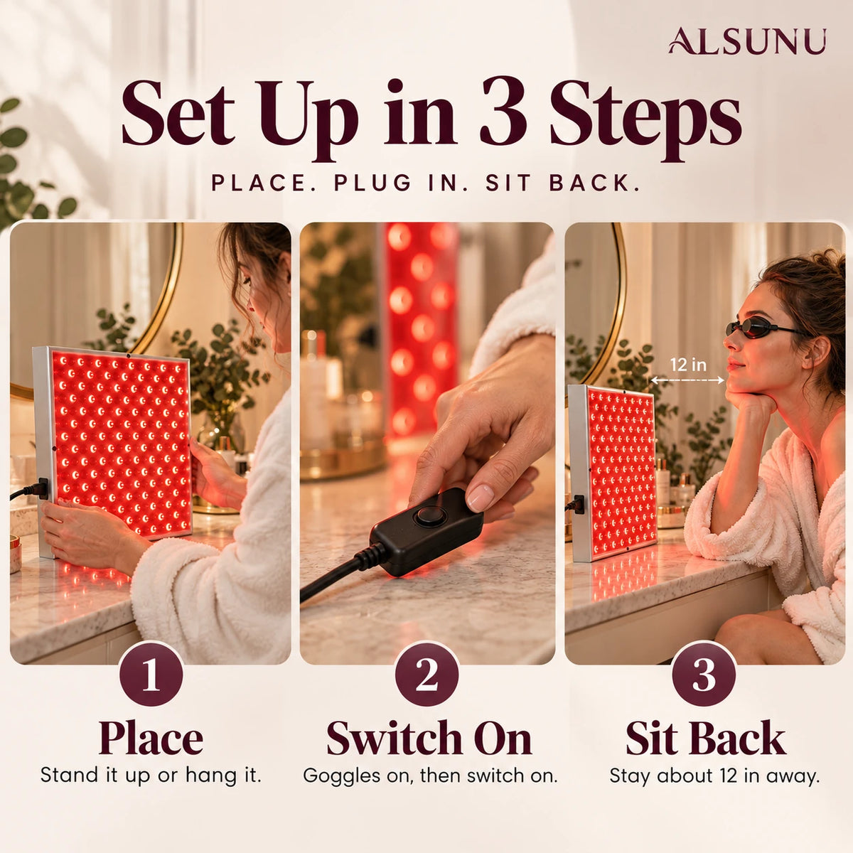 How to set up the red light panel in 3 steps: stand or hang it, switch on with goggles, sit about 12 inches away