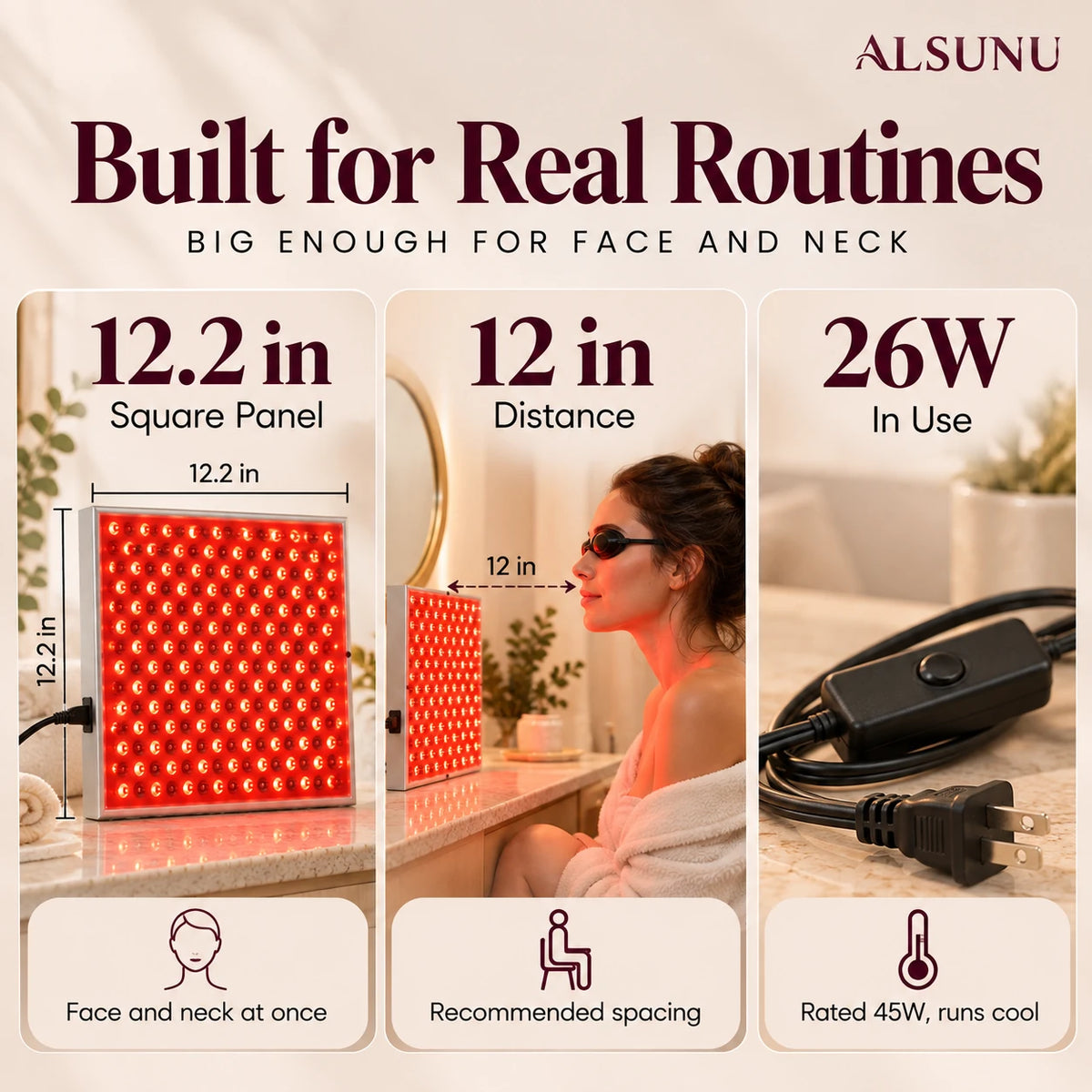 Red light panel specs: 12.2 inch square panel, recommended 12 inch distance, 26W in use and rated 45W