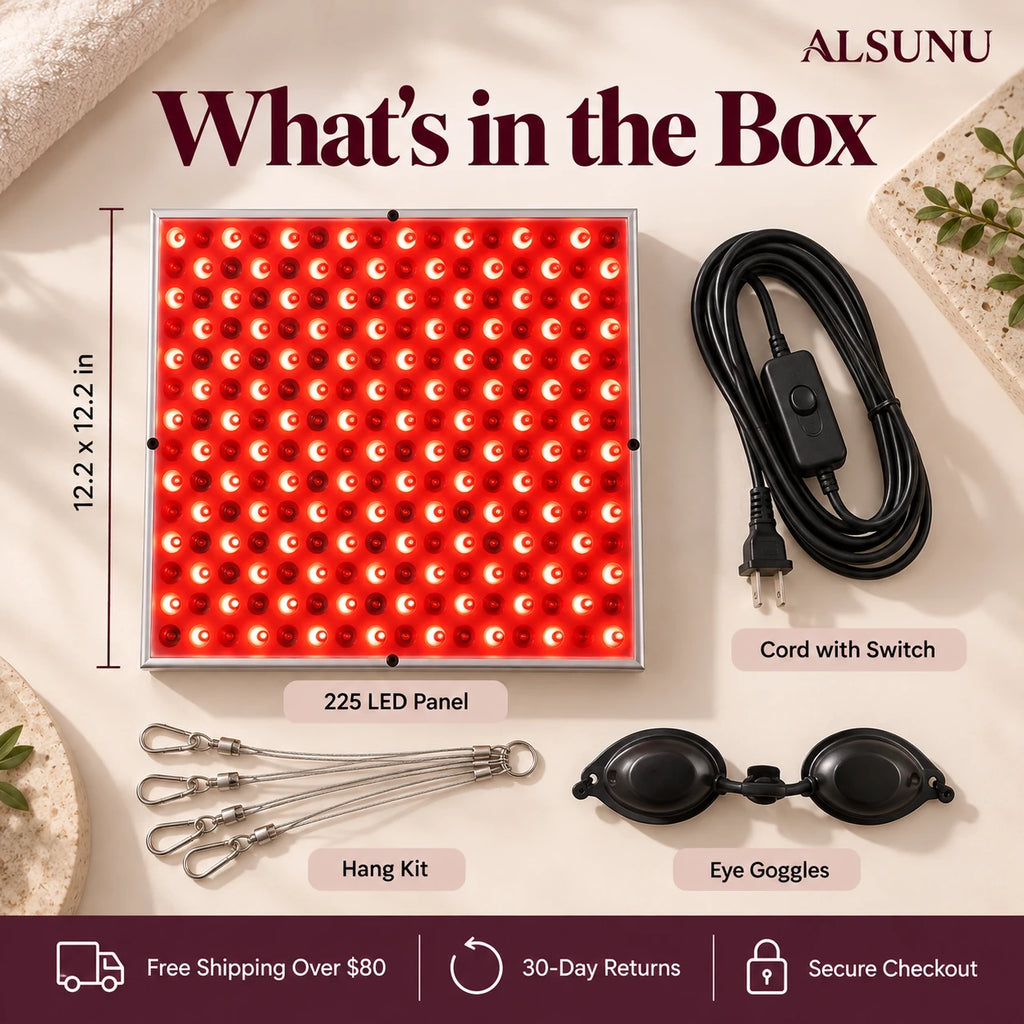 What's in the box: 225 LED panel, cord with switch, hang kit and eye goggles, free shipping over $80