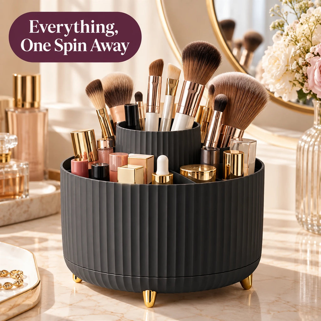 Alsunu 360 degree rotating makeup organizer in black with gold feet, filled with brushes and lipsticks