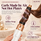 Air curling barrel wrapping a section of brown hair with airflow, no hot plates, on the Alsunu 5-in-1 styler