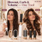 Before and after: wet hair dried and styled into a glossy blowout with soft curls using the Alsunu 5-in-1 hair styler