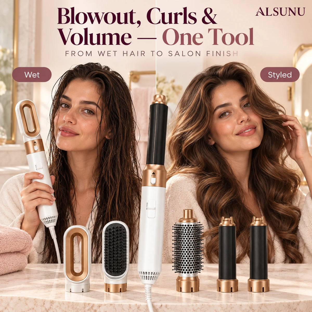 Before and after: wet hair dried and styled into a glossy blowout with soft curls using the Alsunu 5-in-1 hair styler