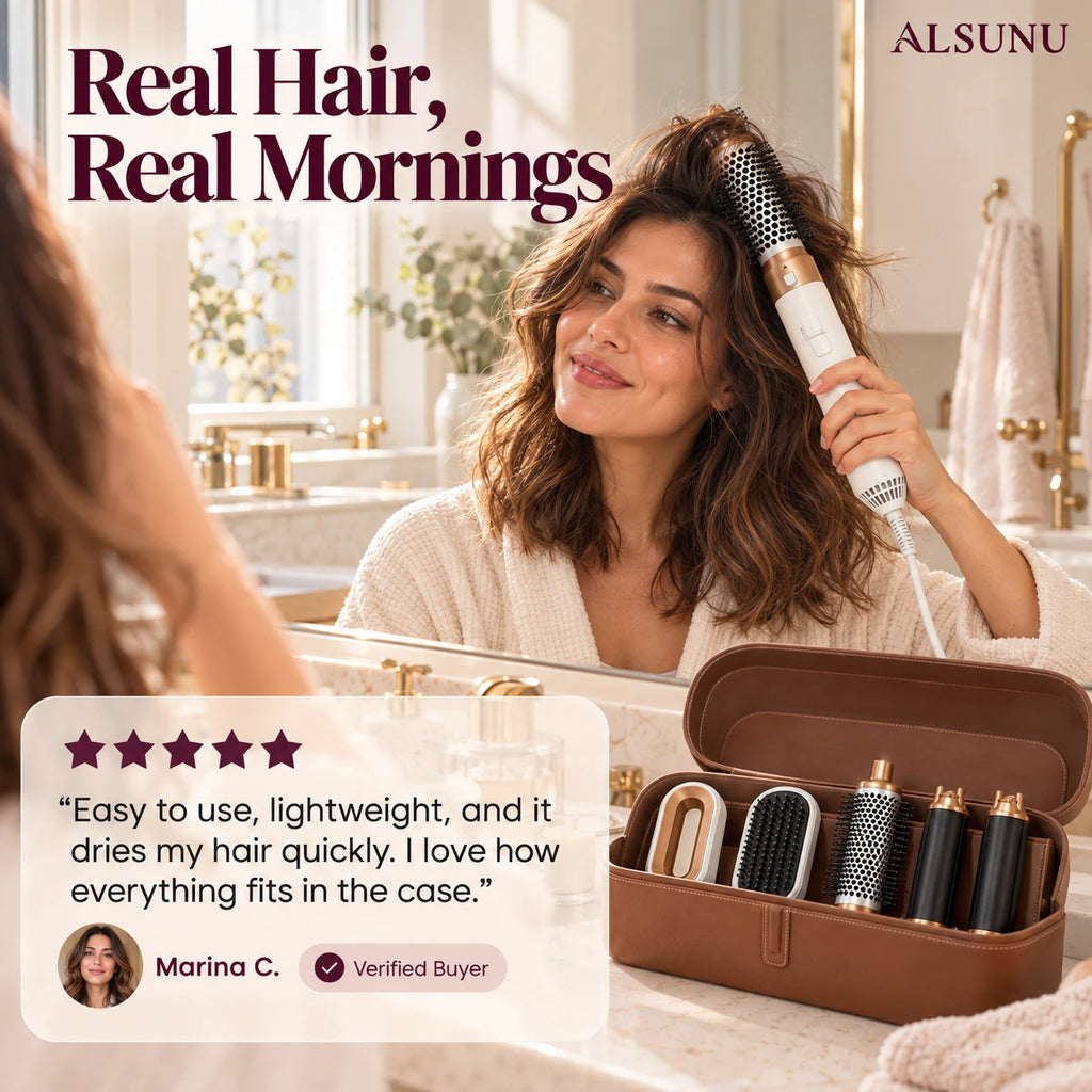 Woman styling her wavy hair with the round volumizing brush at a bathroom mirror, with a 5-star customer review