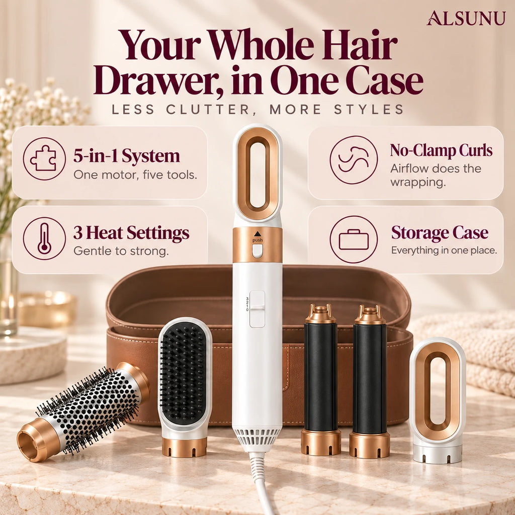Alsunu 5-in-1 hair styler features: one motor with five tools, no-clamp curls, 3 heat settings and a storage case