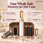 Alsunu 5-in-1 hair styler features: one motor with five tools, no-clamp curls, 3 heat settings and a storage case