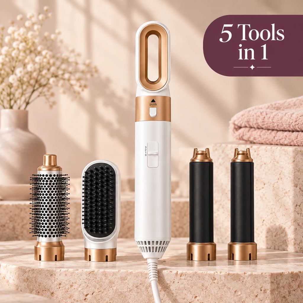Alsunu 5-in-1 hair styler in white and gold with round brush, paddle brush, drying nozzle and two air curling barrels