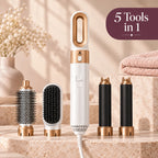 Alsunu 5-in-1 hair styler in white and gold with round brush, paddle brush, drying nozzle and two air curling barrels