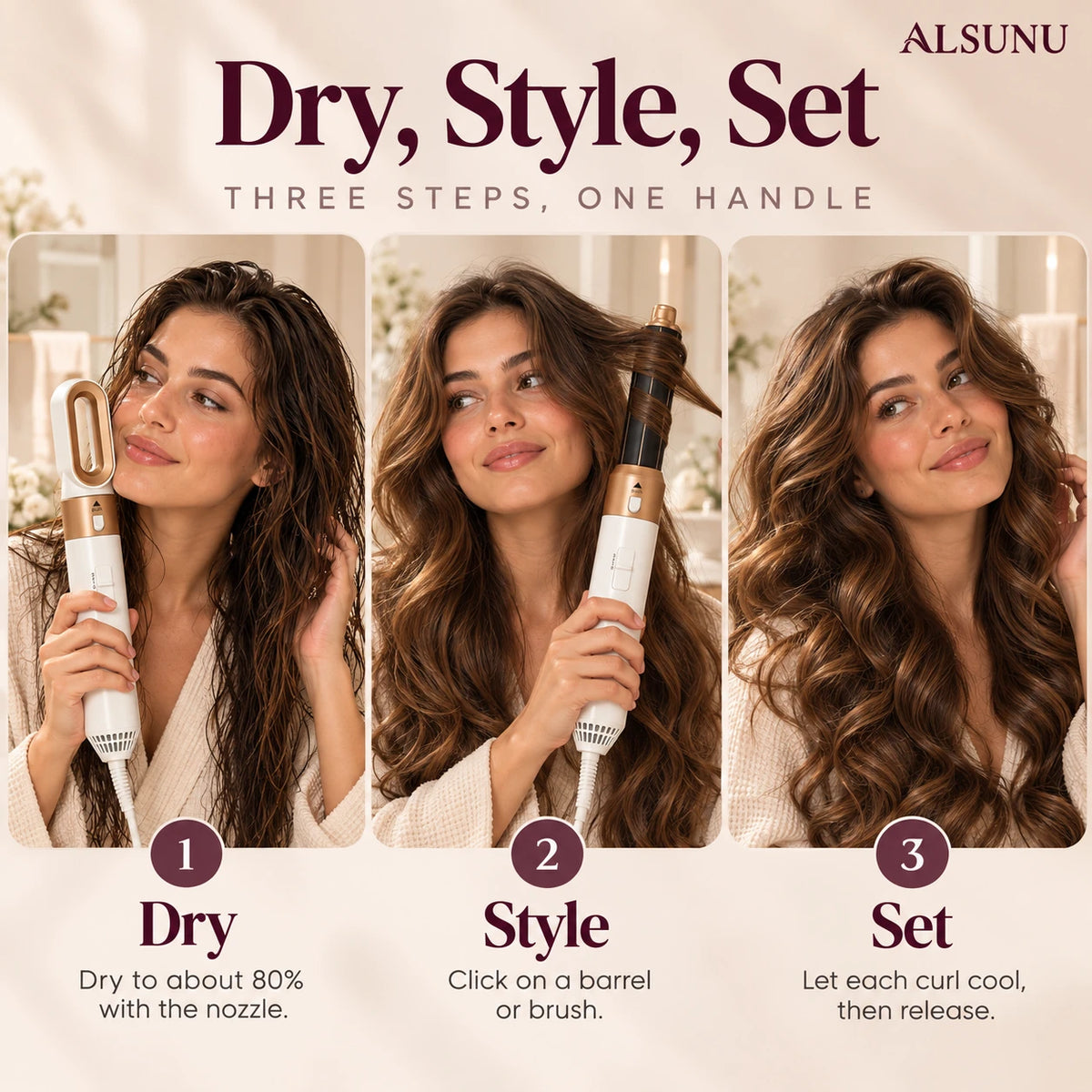 How to use the Alsunu 5-in-1 hair styler in 3 steps: dry with the nozzle, style with a barrel, let curls cool and set